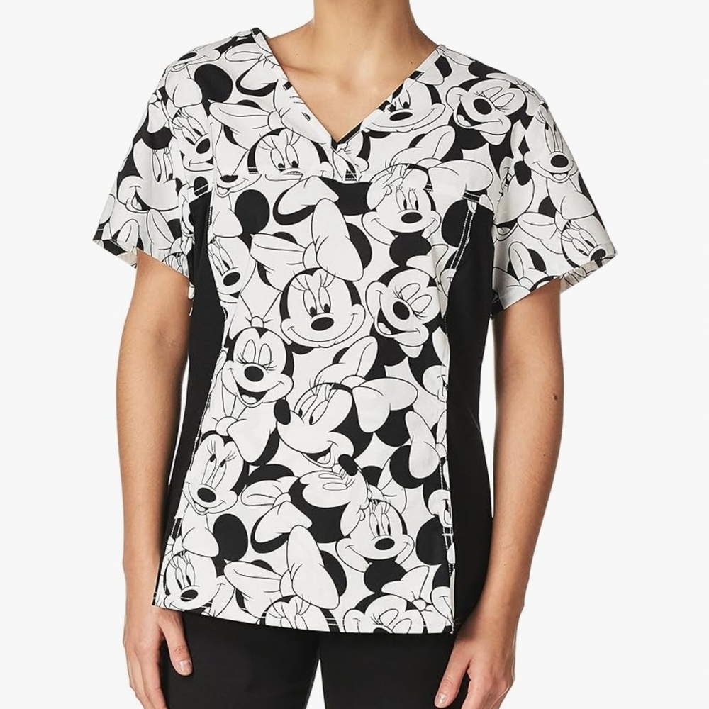 Disney Scrubs Top Womens Size Medium Black White Minnie Mouse Short Sleeve Tee